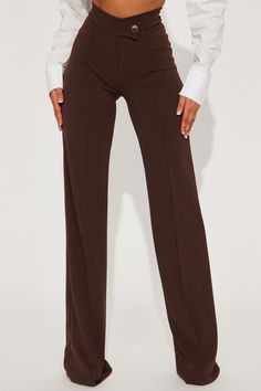 Available In Black, White, Taupe, And Chocolate. Wide Leg Dress Pants Asymmetrical Button Detail Back Zipper Closure Front Seam Detail Clean Finish Hem Stretch Crepe Knit High Waist High Rise Tall 37" Inseam 95% Polyester 5% Spandex Imported | Tall Call It Even Wide Leg Dress Pants in Chocolate Brown size Medium by Fashion Nova Fitted Wide Leg Pants With Buttons For Office, Non-stretch Dress Pants With Button Closure For Work, Elegant Brown Pants With Button Closure, Fitted Wide Leg Pants With Buttons For Business Casual, Chocolate Fashion, Wide Leg Dress Pants, Tall Pants, Sweater Jumpsuit, Swimming Outfit