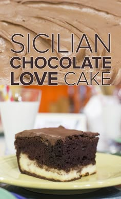 a piece of chocolate cake on a plate with the words sicilian chocolate love cake above it