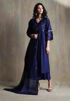 Charkhee-Sapphire Blue Mirror Kurta Set-INDIASPOPUP.COM Chanderi Dupatta, White Kurta, Sustainable Clothing Brands, Circular Mirror, Palazzo Set, Blue Mirrors, Kurta Designs, Mirror Work, Kurta Set