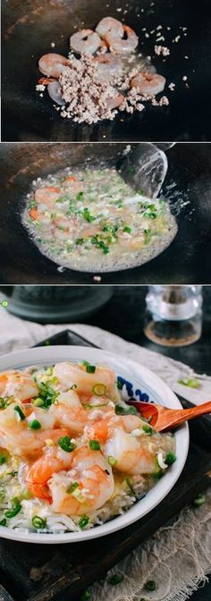 the process of cooking shrimp and rice in a wok with chopsticks on the side