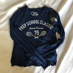 Nwt, Size Small. Navy Blue. Vintage Wash Scallop Edged Crew Neck Baby Tee With Front Tennis Graphic. Navy Tops With Letter Print For Spring, Sporty Navy Top For Spring, Navy Trendy Tops For Spring, Trendy Navy Tops For Spring, Tennis Graphic, School Tees, Prep School, Scallop Edge, Blue Vintage