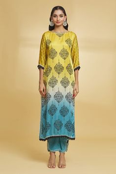 Yellow shaded kurta with butta pattern, highlighted with sequin embroidery. Paired with a pant and dupatta. - Aza Fashions Traditional Multicolor Palazzo Set With Printed Border, Silk Sets With Printed Border For Eid, Yellow Sets With Printed Border For Eid, Silk Sets With Printed Border For Navratri, Multicolor Palazzo Set With Printed Border And Straight Kurta, Traditional Silk Palazzo Set With Block Print, Festive Yellow Set With Printed Border, Traditional Yellow Set With Digital Print, Traditional Silk Sets With Block Print