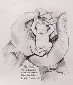 a drawing of a hand holding a baby