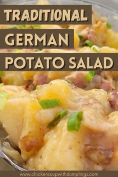 a close up of food in a bowl with the words traditional german potato salad on it