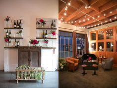 a living room filled with furniture and lots of lights hanging from the ceiling above it