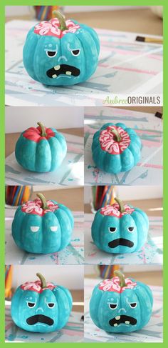 several pictures of blue pumpkins with faces painted on them and one has an angry expression