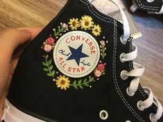 canvas shoes embroidered with flowers, converse high tops Floral Embroidery Designs, Bee And Flower, Chuck Taylor Converse, Sun Flowers, Custom Converse