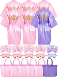 six pink and purple robes with matching accessories