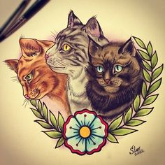 a drawing of three cats in a circle with leaves and flowers around it, on a sheet of paper