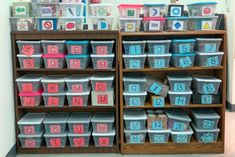 the shelves are filled with plastic containers and numbers