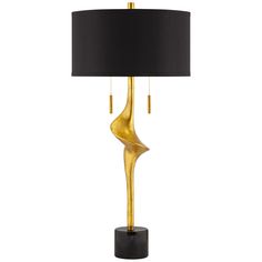 a black and gold table lamp with a black shade on the top, it's shaped like a bird