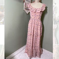 Spring Floral Maxi Dress. Can Be Worn Off Shoulder. Crochet Trim Around The Ruffle Neckline. Tiered Maxi Skirt. Measurements Bust:40” Waist:30” Length:56.5” Pink Cottagecore Dress For Summer, Pink Cottagecore Summer Dress, Spring Mauve Maxi Dress With Floral Print, Mauve Floral Print Dress For Garden Party, Pink Cottagecore Dress For Brunch, Lavender Floral Print Maxi Dress For Garden Party, Feminine Lavender Maxi Dress With Ruffles, Lavender Sleeveless Floral Print Maxi Dress, Lavender Floral Print Sleeveless Maxi Dress