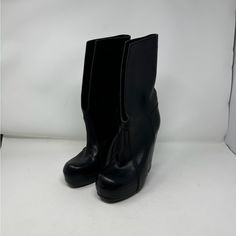 Size 38 Leather Split Front Wedge Condition: Pre-Loved Wear To Soles, Creasing Rick Owens Shoes, Broken Foot, Rick Owens, Lady Gaga, Leather Boots, Limited Time, High Heels, Split, Wedges