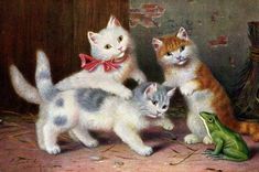 three kittens and a frog are standing in front of a wall with a painting on it