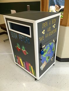 an office cubicle with chalk writing on the front and back side, open a book and take an adventure