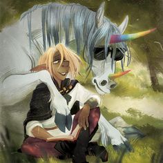 two anime characters sitting next to each other in the grass with an unicorn behind them