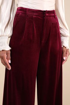 Introduce the Lulus Posh Idea Plum Velvet High-Rise Straight Leg Trouser Pants to your wardrobe this season to create a whole new range of ensembles! Plush velvet shapes these trend-setting pants that have a high-rise, banded waist, belt loops, and hidden clasp closure above a zipper fly. The straight, ankle-length pant legs boast tailored pleated detailing, diagonal front pockets, and decorative welt pockets at the back. Style with some strappy heels for a fun and sleek going out 'fit! Fit: This garment fits true to size. Length: Floor length. Size medium Inseam: 32.25 Front Rise: 12.50 Waist: Fitted - very fitted at natural waist. Hip: Loosely Fitted. Fabric: Fabric is very stretchy. Unlined. 95% Polyester, 5% Spandex. Hand Wash Cold. Do Not Bleach. Line Dry. Iron Low Heat. Imported. Lul Fall Velvet Trousers, High-waisted Velvet Pants For Fall, Full-length Velvet Bottoms For Fall, Fall Velvet Full Length Bottoms, Full Length Velvet Bottoms For Fall, Elegant High-waisted Velvet Pants, Fall Velvet Wide Leg Straight Pants, Chic Velvet Trousers, Formal Velvet Bottoms For Fall