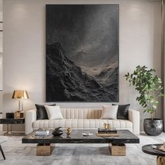 a living room filled with furniture and a large painting on the wall above it's coffee table