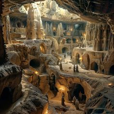 a group of people standing inside of a cave filled with lots of rocks and caves