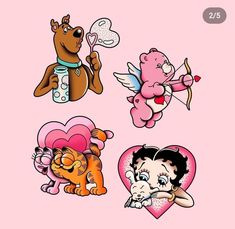 cartoon stickers on the back of a pink background with hearts, teddy bears and cupcakes