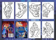 the disney princess coloring book is shown in four different styles and features pictures of each character