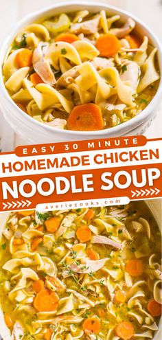 homemade chicken noodle soup in a white bowl