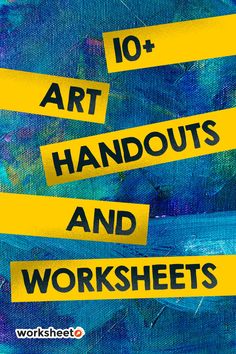 the words art, handouts and worksheets are taped to yellow strips on a blue background