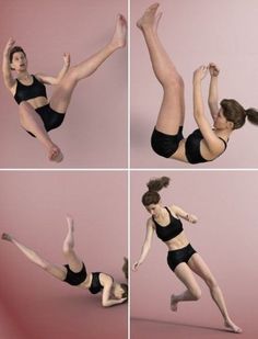 four different images of a woman in black leotards doing yoga poses with one leg up and the other upside down