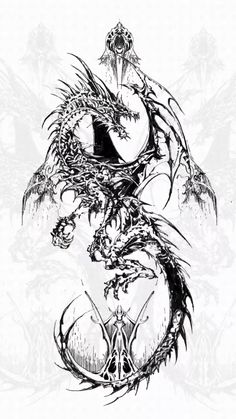 a black and white drawing of a dragon