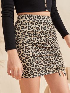 Leopard Print Ruched Mini Skirt Drawstring Ribbed Knit Bodycon Skirts Ruched Mini Skirt, Body Con Skirt, Daily Wear, Ribbed Knit, Mini Skirt, Leopard Print, Short Dresses