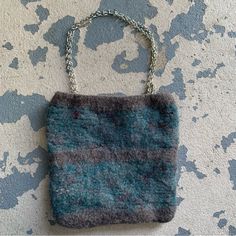 Handmade Felted Bag With Chain Strap And Floral Inside Lining. Brand New! Artisan Made. Body: 9.5x 9.5 Inches Strap: 20 Inches Blue Square Bag With Chain Strap, Blue Rectangular Upcycled Shoulder Bag, Gray Chain Strap Bag For Everyday, Felted Bag, Wet Felting Projects, Bag With Chain, Bags Handmade, Handcrafted Bags, Craft Bags