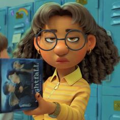 an animated character holding a book in front of lockers with other characters behind them