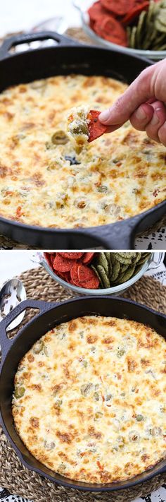 two images show the process of making an enchilada casserole with cheese and olives