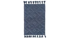 a blue rug with tassels on it