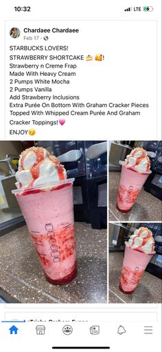 an instagramted photo of a pink drink with whipped cream on top