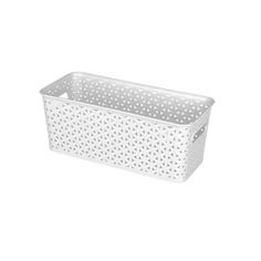 a white plastic basket with holes on the bottom and sides, in front of a white background