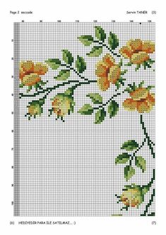 a cross stitch pattern with yellow flowers on the side and green leaves in the middle