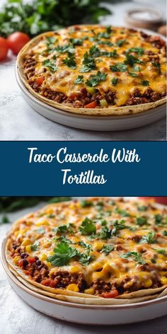 taco casserole with tortillas is shown in two separate images and the same side by side