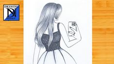 a drawing of a girl with long hair holding a cell phone in her right hand