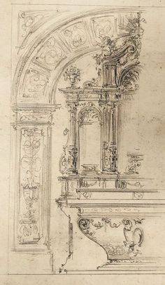 an architectural drawing of a fireplace in a room with arches and columns, all around it