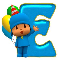 a cartoon character holding balloons in front of the letter f