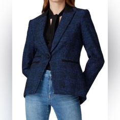 Veronica Beard Gia Peak Lapel Blazer. In Blue/Black Tweed With Black Contrast Collar. Brand New With Tags. Retail Price $695 Size 2 A Cutaway Hem Sharpens The Look Of Veronica Beard's Signature Dickey Jacket Done In Black Tweed. Sophisticated And Timeless. 33% Polyester 28% Cotton 16% Wool 16% Acrylic 7% Textile Fibers Shoulder Pads Paneled Buttoned Cuffs Multipockets Button Fastening At Front Fully Lined Dual Back Vents Designer Fitted Tweed Blazer, Designer Tweed Blazer For Workwear, Tailored Tweed Blazer For Work, Designer Tailored Tweed Jacket For Fall, Tailored Tweed Jacket For Office In Fall, Designer Long Sleeve Tweed Jacket For Office, Fitted Tweed Jacket For Office In Fall, Designer Long Sleeve Tweed Jacket For Work, Black Tweed Jacket With Welt Pockets For Work