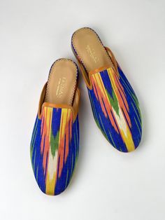 Istanbul Slides | Elysian by Emily Morrison. Traditional Prints, Cotton Caftan, Shoe Molding, Statement Shoe, Most Comfortable Shoes, Dyed Silk, Hand Dyed Silk, Silk Dyeing, Slides Shoes