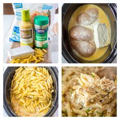 four pictures showing different types of food in the same pan, including pasta and bread