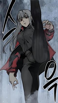 an anime character with long white hair and black clothes holding a large metal pole in the rain