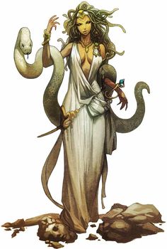 an image of a woman with long hair holding a snake in her hand and the words medusa personae mitologia on it