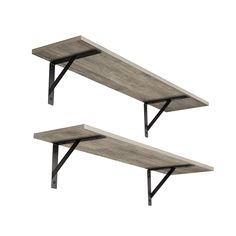 two wooden shelves with metal brackets on them