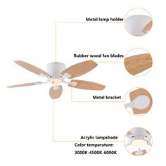 an image of a ceiling fan with wood blades and white light bulbs, labeled in description