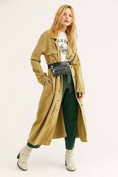 Army Green Pants, Duster Jacket, Free People Store, Dress Appropriately, Long Trench Coat, Date Night Dresses, Spring Jackets, Green Button, Green Pants