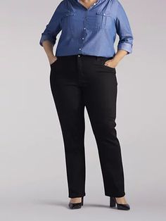 Women’s Flex Motion Regular Fit Trouser Pant (Plus) in Indigo Rinse Slim Fit Straight Work Pants, Slim Fit Workwear Bottoms, Casual Slim Fit Bottoms For Office, Casual Slim Fit Office Bottoms, Classic Stretch Jeans For Work, Slim Fit Full Length Work Pants, Slim Fit Tapered Leg Jeans For Work, Full Length Jeans For Workwear, Elegant Relaxed Fit Jeans For Work